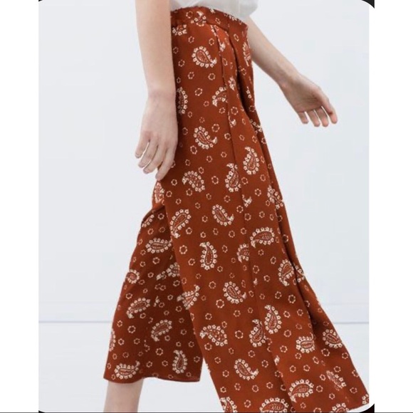 Zara Paisley Bronze Orange Brown Open Side Slits Casual Capris Pants - Picture 1 of 8